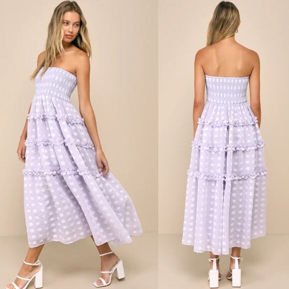 NWT Lulus Beautiful Sentiments Lavender Floral Strapless Tiered Midi Dress XXL - Picture 1 of 6